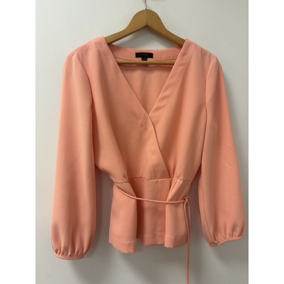 J. Crew Peach Faux Wrap Blouse w/Tie Size 12P Spring Office Careerwear Business - Picture 4 of 10